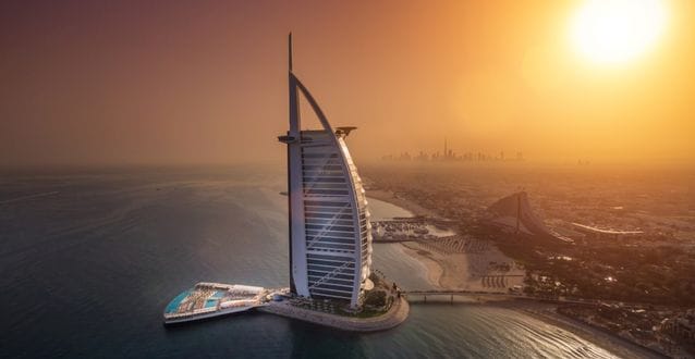 Aerial view of the Burj Al Arab terrace and beach in Dubai