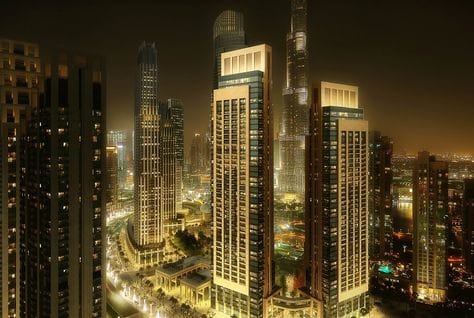 Act One Act Two towers in Downtown Dubai at night