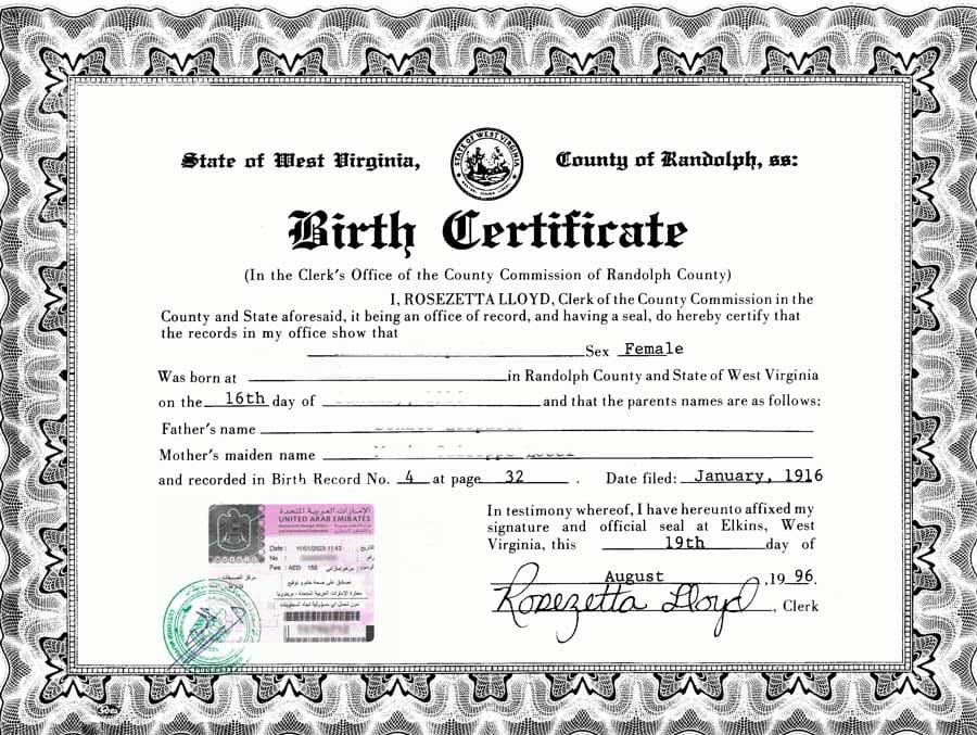 Birth certificate document, illustrating EER Middle East's birth certificate attestation service