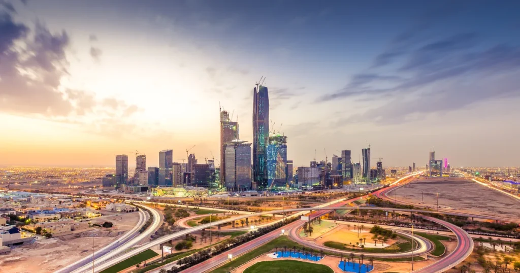 Riyadh skyline at dusk, where Saudi Vision 2030 is driving demand for international talent